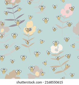 Seamless pattern with bees on floral background. Small wasp. Vector illustration. Adorable cartoon character. Template design for invitation, cards, textile, fabric. Doodle style.