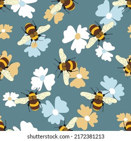 Seamless pattern with bees on floral background. Small wasp. Vector illustration. Adorable cartoon character. Template design for invitation, cards, textile, fabric. Doodle style.