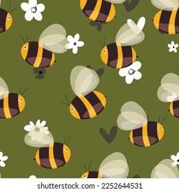 Seamless pattern with bees on floral background. Small wasp. Vector illustration. Adorable cartoon character. Template design for invitation, cards, textile, fabric. Doodle style.