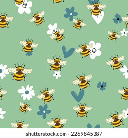 Seamless pattern with bees on floral background. Small wasp. Vector illustration. Adorable cartoon character. Template design for invitation, cards, textile, fabric. Doodle style.