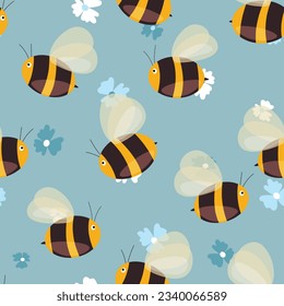 Seamless pattern with bees on floral background. Small wasp. Vector illustration. Adorable cartoon character. Template design for invitation, cards, textile, fabric. Doodle style.