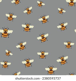 Seamless pattern with bees on floral background. Small wasp. Vector illustration. Adorable cartoon character. Template design for invitation, cards, textile, fabric. Doodle style.