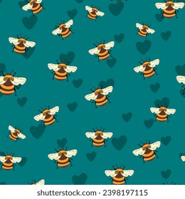 Seamless pattern with bees on floral background. Small wasp. Vector illustration. Adorable cartoon character. Template design for invitation, cards, textile, fabric. Doodle style.