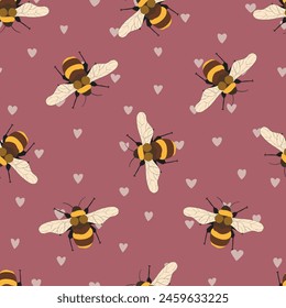 Seamless pattern with bees on floral background. Small wasp. Vector illustration. Adorable cartoon character. Template design for invitation, cards, textile, fabric. Doodle style.