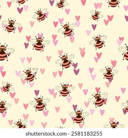 Seamless pattern with bees on floral background. Small wasp. Vector illustration. Adorable cartoon character. Template design for invitation, cards, textile, fabric. Doodle style.