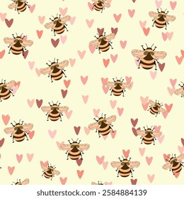 Seamless pattern with bees on floral background. Small wasp. Vector illustration. Adorable cartoon character. Template design for invitation, cards, textile, fabric. Doodle style.