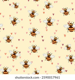 Seamless pattern with bees on floral background. Small wasp. Vector illustration. Adorable cartoon character. Template design for invitation, cards, textile, fabric. Doodle style.