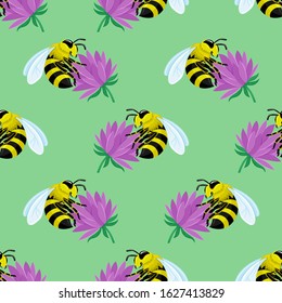 Seamless pattern with bees on flowers on a green background.