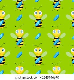 Seamless pattern with bees on green background. Vector illustration. Adorable cartoon character. Design for invitation, cards, textile, fabric. Doodle style. Bee with candy.