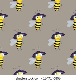 Seamless pattern with bees on grey background. Vector illustration. Adorable cartoon character. Template design for invitation, cards, textile, fabric. Doodle style. Bee with candy. Bee in a hat.