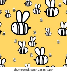 Seamless pattern with bees on honey orange background in doodle style. Cute baby print. Easter spring hand drawn creative background. Vector bright illustration.Design wrapping paper, children fabric.