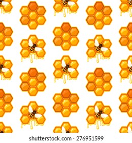 Seamless pattern with bees on honeycomb