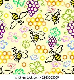 Seamless pattern with bees on a light background with flowers, grapes and honeycombs