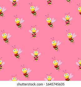 Seamless pattern with bees on pink background. Vector illustration. Adorable cartoon character. Template design for invitation, cards, textile, fabric. Doodle style. Bee with candy. Bee with candy.