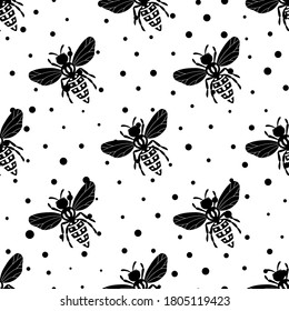 Seamless pattern with bees on polka dots background. Adorable cartoon wasp character. Template design for invitation, cards, textile, fabric. Flat style. Black and white vector stock illustration.