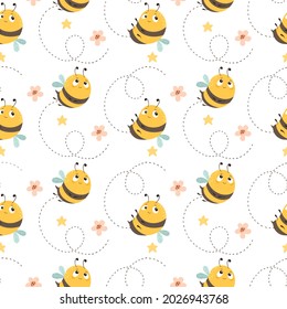 Seamless pattern with bees on a summer background. Vector illustration. To create fabric, paper, postcards.
