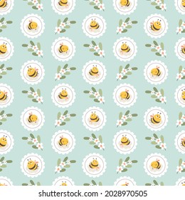 Seamless pattern with bees on a summer background. Vector illustration. To create fabric, paper, postcards.
