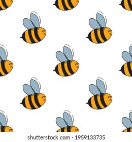 Seamless pattern with bees on white background. Small wasp. Vector illustration. Adorable cartoon character. Template design for invitation, cards, textile, fabric. Doodle style.