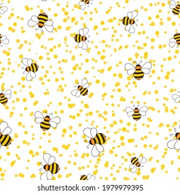 Seamless pattern with bees on white polka dots background. Small wasp. Vector illustration. Adorable cartoon character. Template design for invitation, cards, textile, fabric. Doodle style.