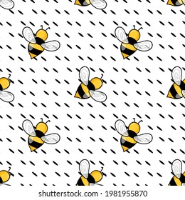 Seamless pattern with bees on white polka dots background. Small wasp. Vector illustration. Adorable cartoon character. Template design for invitation, cards, textile, fabric. Doodle style.