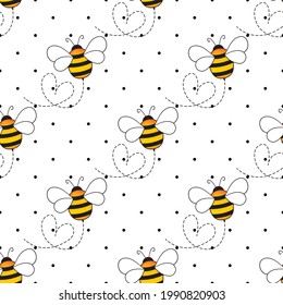 Seamless pattern with bees on white polka dots background. Small wasp. Vector illustration. Adorable cartoon character. Template design for invitation, cards, textile, fabric. Doodle style.