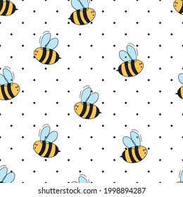 Seamless pattern with bees on white polka dots background. Small wasp. Vector illustration. Adorable cartoon character. Template design for invitation, cards, textile, fabric. Doodle style.