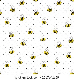 Seamless pattern with bees on white polka dots background. Small wasp. Vector illustration. Adorable cartoon character. Template design for invitation, cards, textile, fabric. Doodle style.