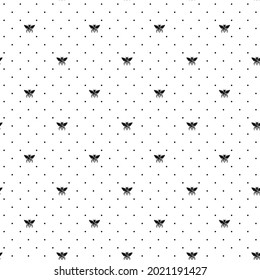 Seamless pattern with bees on white polka dots background. Small wasp. Vector illustration. Adorable cartoon character. Template design for invitation, cards, textile, fabric. Doodle style.