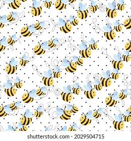 Seamless pattern with bees on white polka dots background. Small wasp. Vector illustration. Adorable cartoon character. Template design for invitation, cards, textile, fabric. Doodle style.