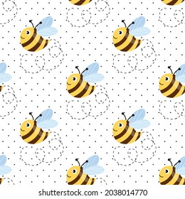 Seamless pattern with bees on white polka dots background. Small wasp. Vector illustration. Adorable cartoon character. Template design for invitation, cards, textile, fabric. Doodle style.