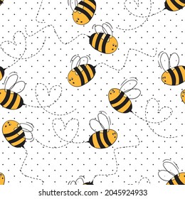 Seamless pattern with bees on white polka dots background. Small wasp. Vector illustration. Adorable cartoon character. Template design for invitation, cards, textile, fabric. Doodle style.