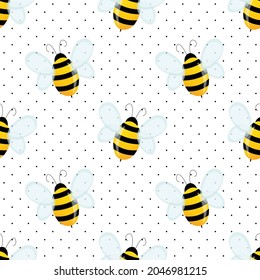 Seamless pattern with bees on white polka dots background. Small wasp. Vector illustration. Adorable cartoon character. Template design for invitation, cards, textile, fabric. Doodle style.