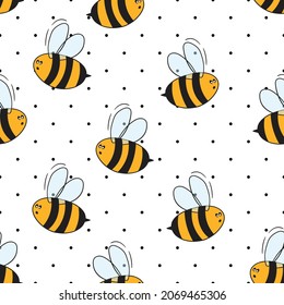 Seamless pattern with bees on white polka dots background. Small wasp. Vector illustration. Adorable cartoon character. Template design for invitation, cards, textile, fabric. Doodle style.