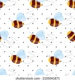 Seamless pattern with bees on white polka dots background. Small wasp. Vector illustration. Adorable cartoon character. Template design for invitation, cards, textile, fabric. Doodle style.