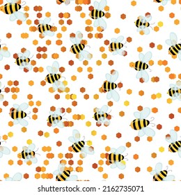 Seamless pattern with bees on white honeycomb background. Small wasp. Vector illustration. Adorable cartoon character. Template design for invitation, cards, textile, fabric. Doodle style.