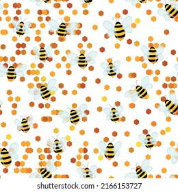 Seamless pattern with bees on white honeycomb background. Small wasp. Vector illustration. Adorable cartoon character. Template design for invitation, cards, textile, fabric. Doodle style.