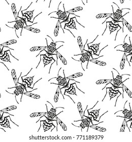 Seamless pattern with bees on the white background. Vector illustration.