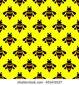 Seamless pattern with bees on yellow background. Vector illustration.
