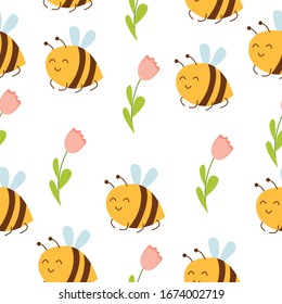 Seamless pattern with bees and pink tulips. Simple flat cartoon style. Cute and funny. Summer and spring. Easter holiday decoration. For postcards, wallpaper, textile, scrapbooking and wrapping paper