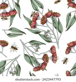 Seamless pattern with bees pollinating blooming eucalyptus.