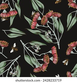 Seamless pattern with bees pollinating blooming eucalyptus.