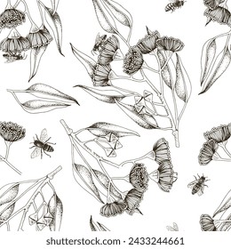 Seamless pattern with bees pollinating blooming eucalyptus.