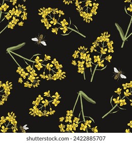 Seamless pattern with bees pollinating rapeseed