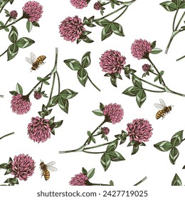 Seamless pattern with bees pollinating red clover flowers