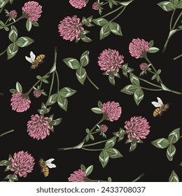 Seamless pattern with bees pollinating red clover flowers