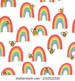 Seamless pattern with bees and rainbow. Small wasp. Vector illustration. Adorable cartoon character. Template design for invitation, cards, textile, fabric. Doodle style.
