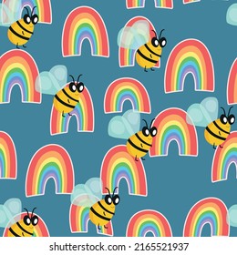 Seamless pattern with bees and rainbow. Small wasp. Vector illustration. Adorable cartoon character. Template design for invitation, cards, textile, fabric. Doodle style.