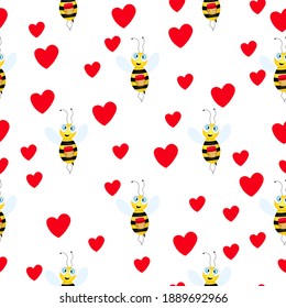 Seamless pattern with bees and red hearts on white background. Small wasp. Vector illustration. Adorable cartoon character. Template design for invitation, cards, textile, fabric. Doodle style.