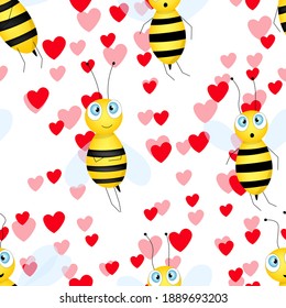 Seamless pattern with bees and red hearts on white background. Small wasp. Vector illustration. Adorable cartoon character. Template design for invitation, cards, textile, fabric. Doodle style.