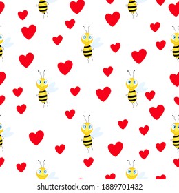 Seamless pattern with bees and red hearts on white background. Small wasp. Vector illustration. Adorable cartoon character. Template design for invitation, cards, textile, fabric. Doodle style.